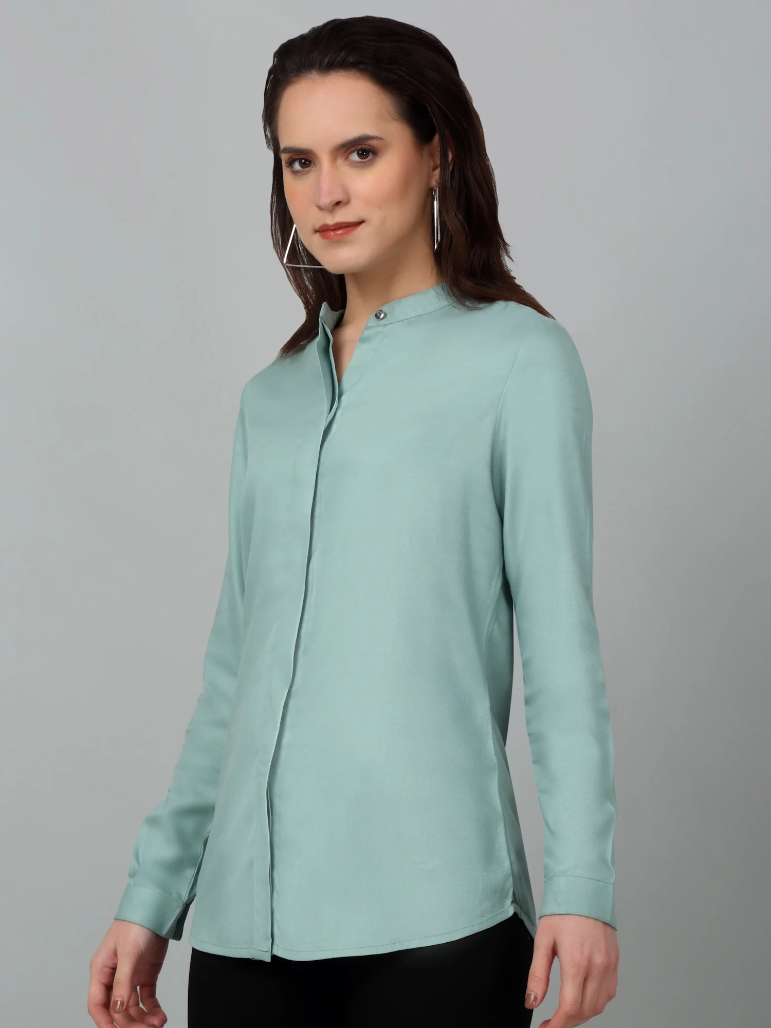 Women's Casual  Light Green Solid Mandarin Collar Tunic - Image 3