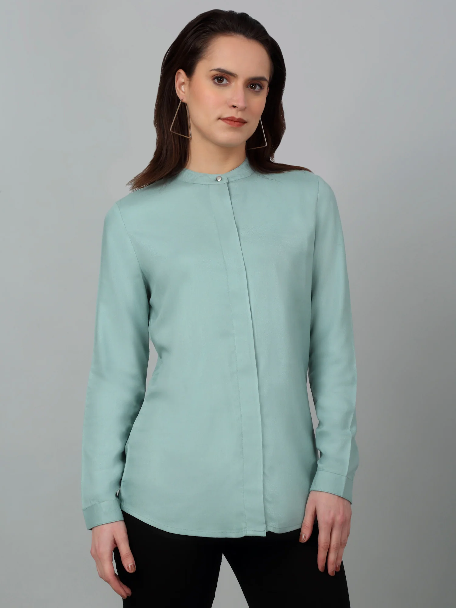 Women's Casual  Light Green Solid Mandarin Collar Tunic - Image 4