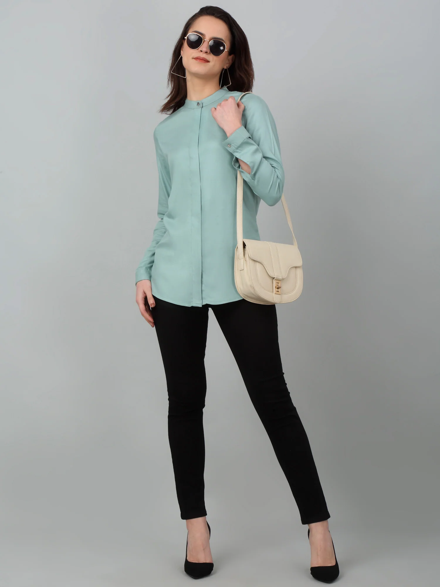 Women's Casual  Light Green Solid Mandarin Collar Tunic - Image 6