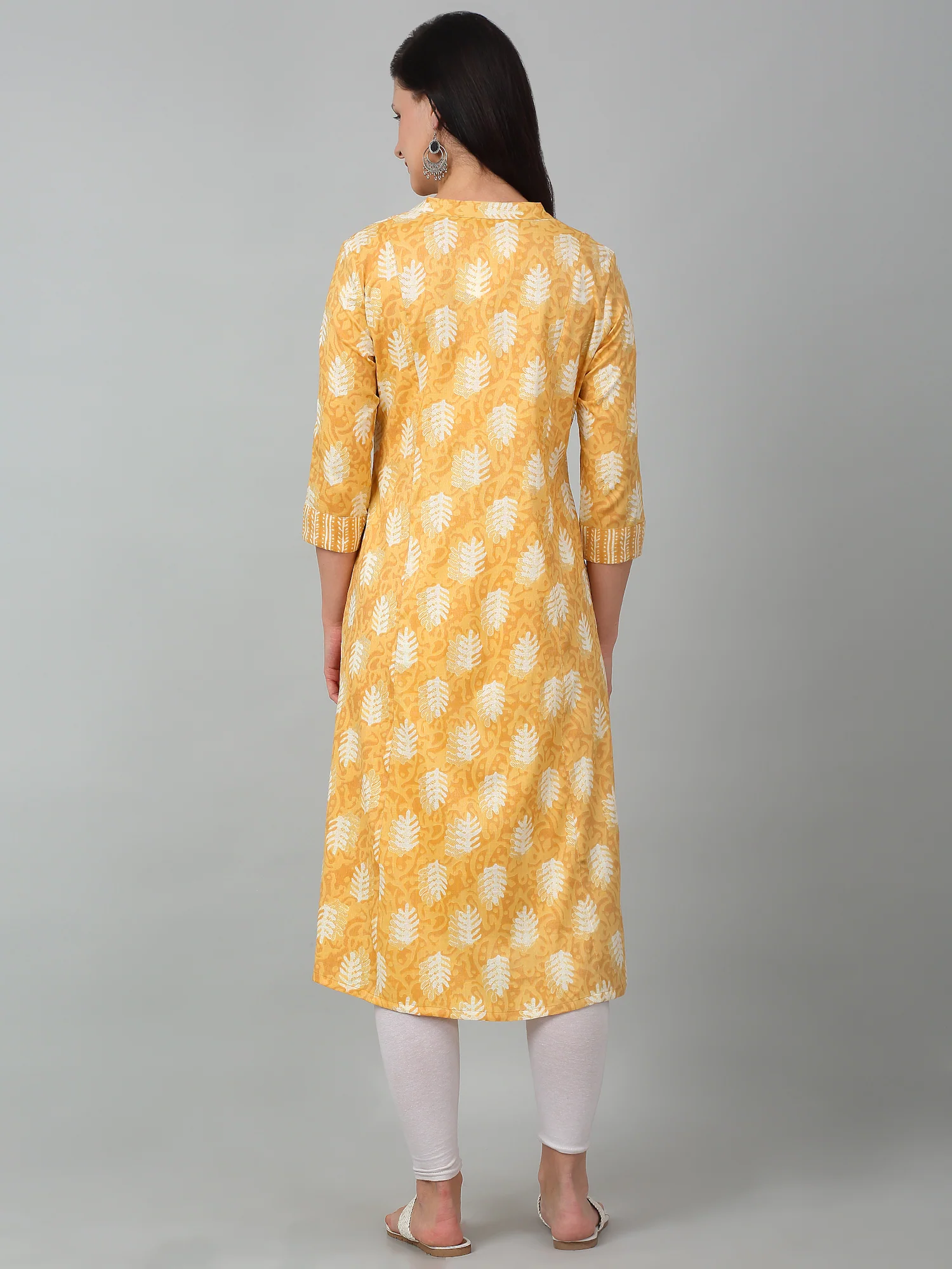 Women's Casual Band Collar Light Mustard All over Printed Calf Length Kurti - Image 2
