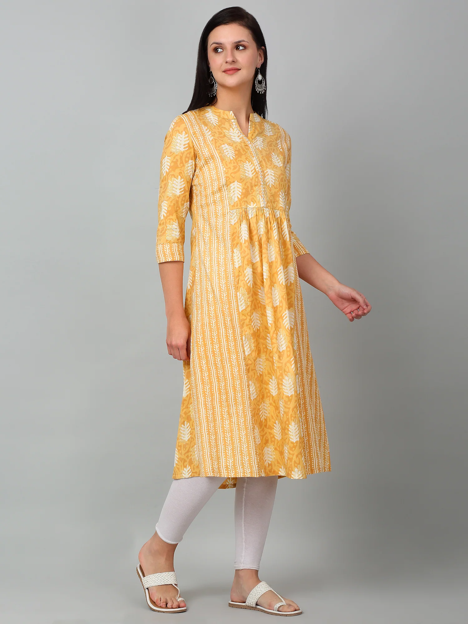 Women's Casual Band Collar Light Mustard All over Printed Calf Length Kurti - Image 3