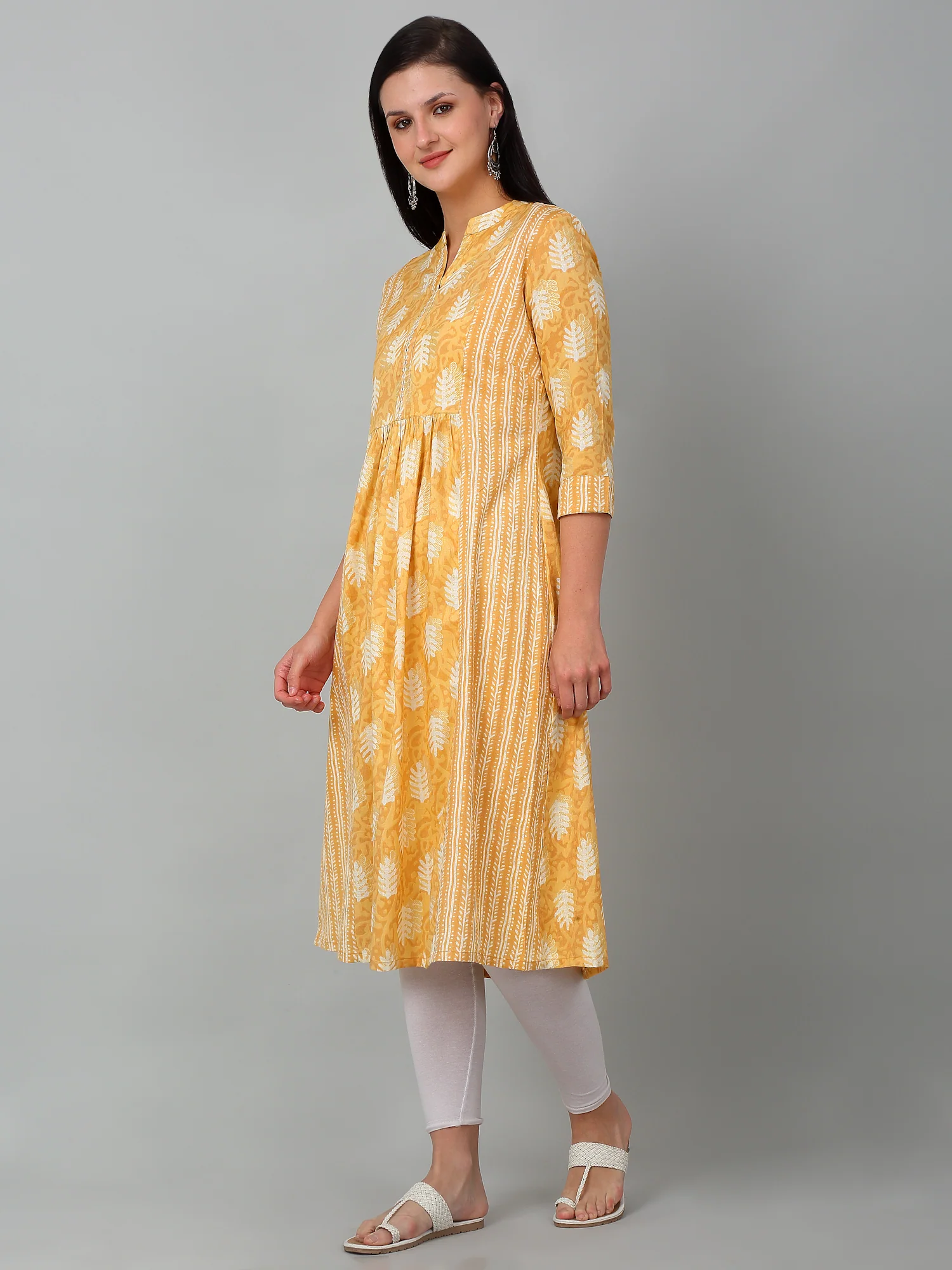 Women's Casual Band Collar Light Mustard All over Printed Calf Length Kurti - Image 4