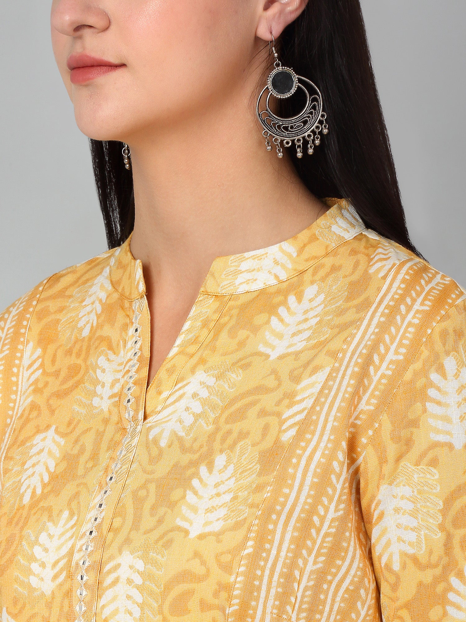 Women's Casual Band Collar Light Mustard All over Printed Calf Length Kurti - Image 5