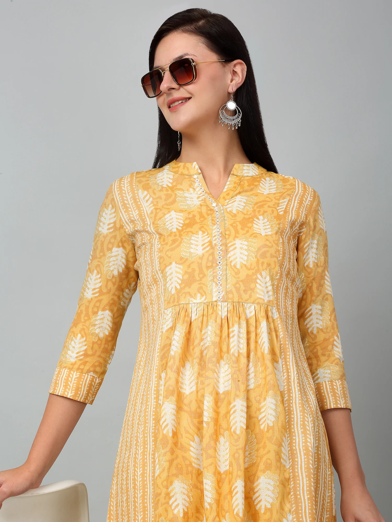 Women's Casual Band Collar Light Mustard All over Printed Calf Length Kurti - Image 6