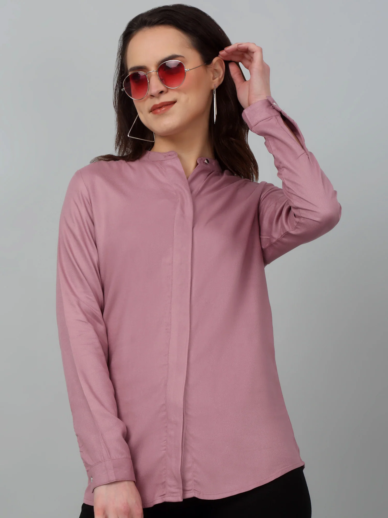 Women's Casual  Light Pink Solid Mandarin Collar Tunic - Image 6