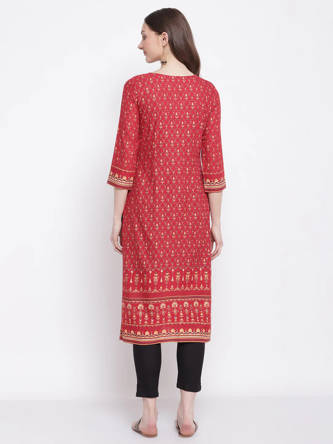 Women's Casual Round neck Maroon All Over Printed with border Calf length Kurti - Image 2