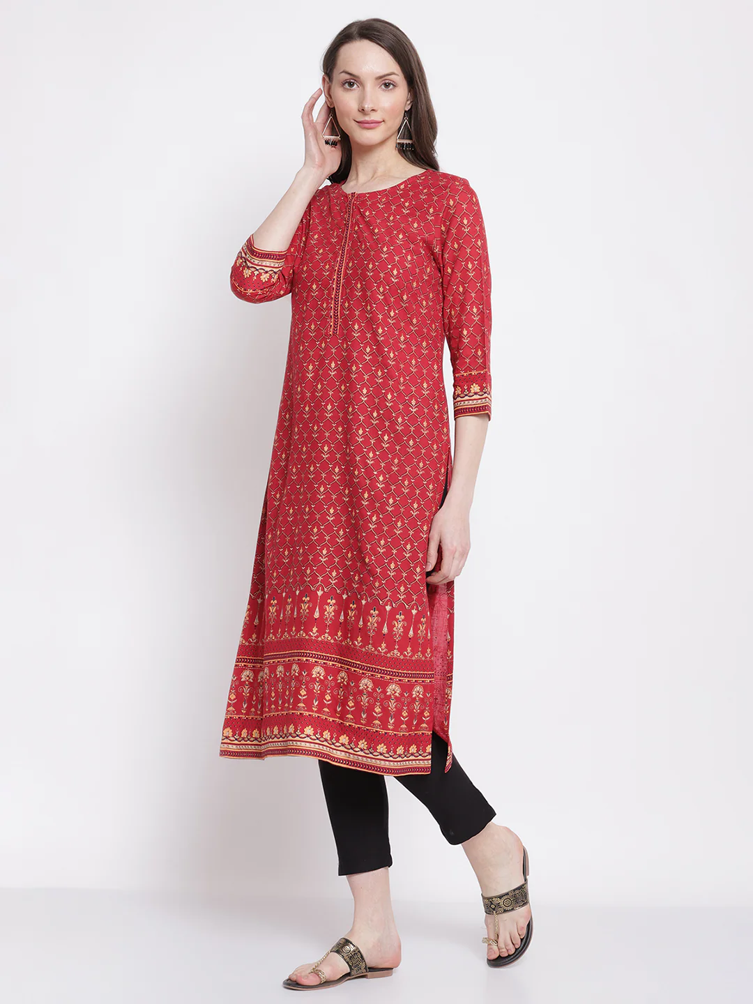 Women's Casual Round neck Maroon All Over Printed with border Calf length Kurti - Image 3
