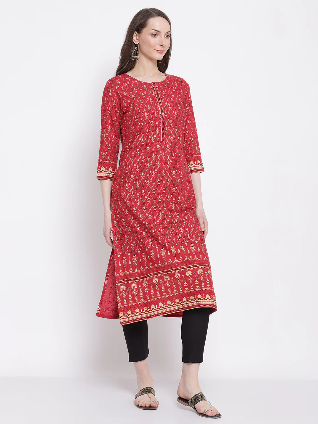 Women's Casual Round neck Maroon All Over Printed with border Calf length Kurti - Image 4