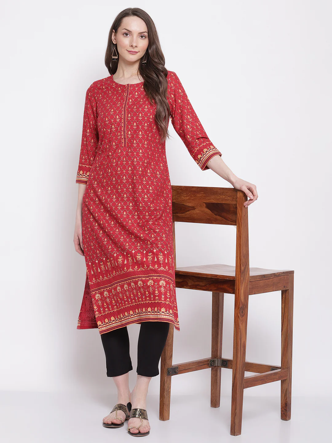 Women's Casual Round neck Maroon All Over Printed with border Calf length Kurti - Image 5