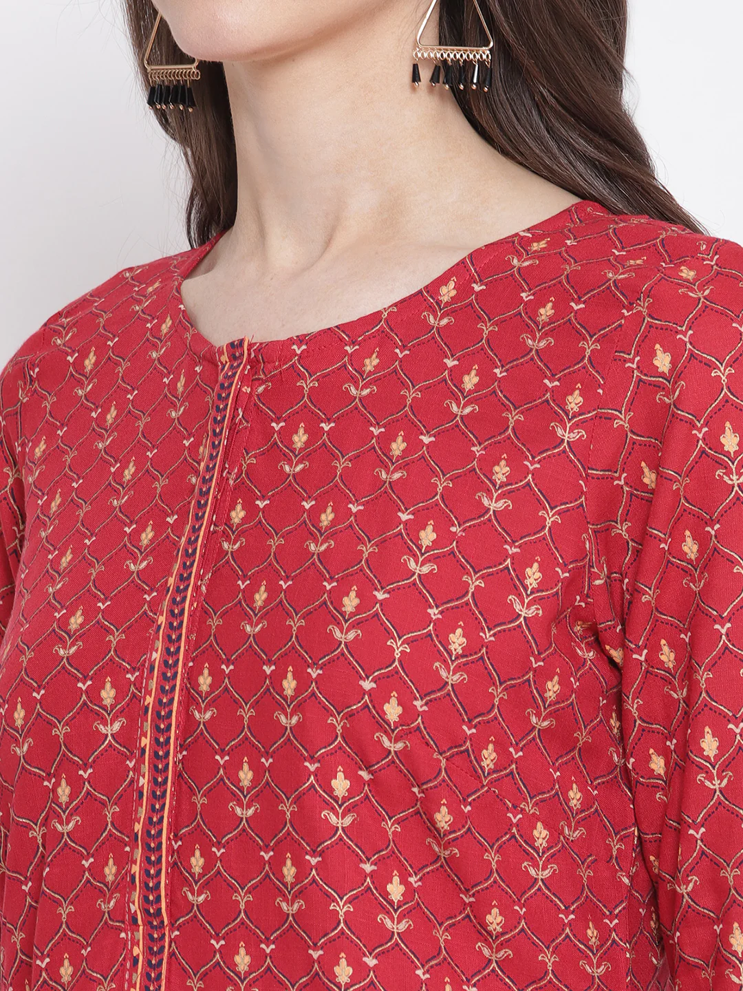 Women's Casual Round neck Maroon All Over Printed with border Calf length Kurti - Image 6