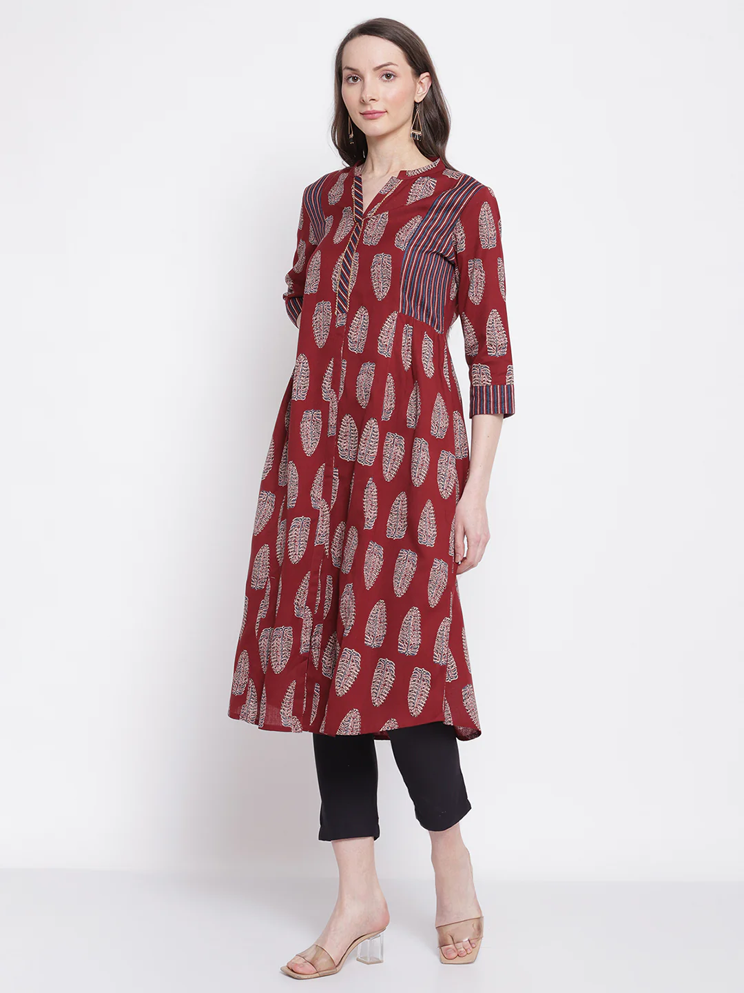 Women's Casual Band Collar Maroon All over Printed   Knee length Kurti - Image 3