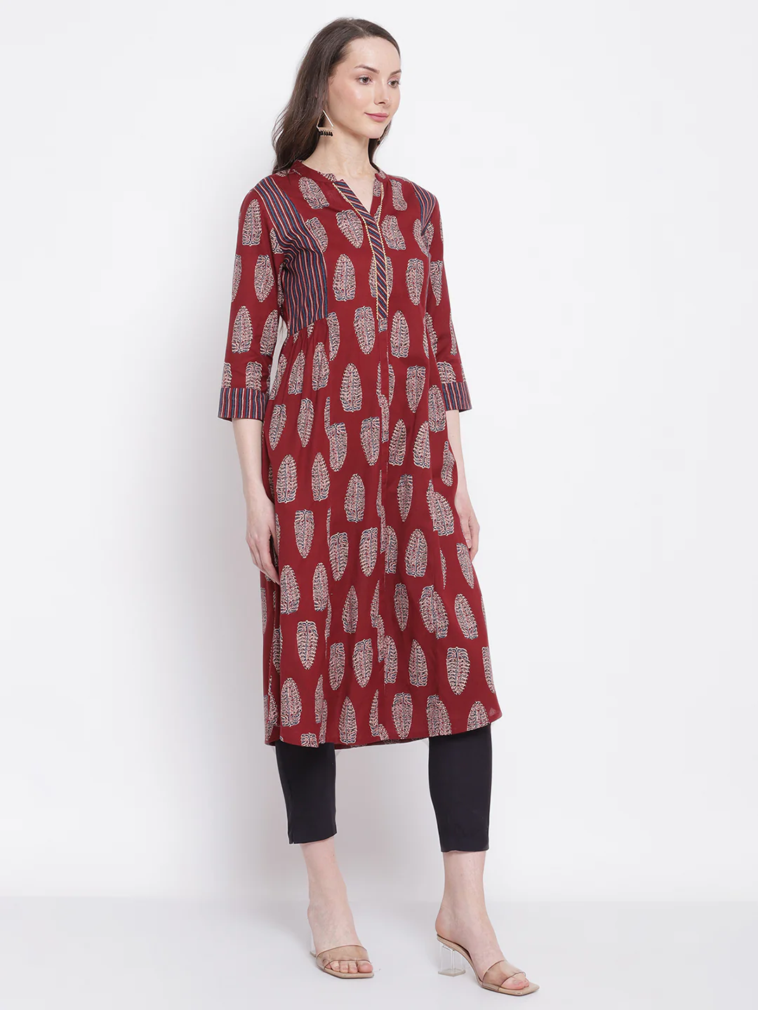 Women's Casual Band Collar Maroon All over Printed   Knee length Kurti - Image 4