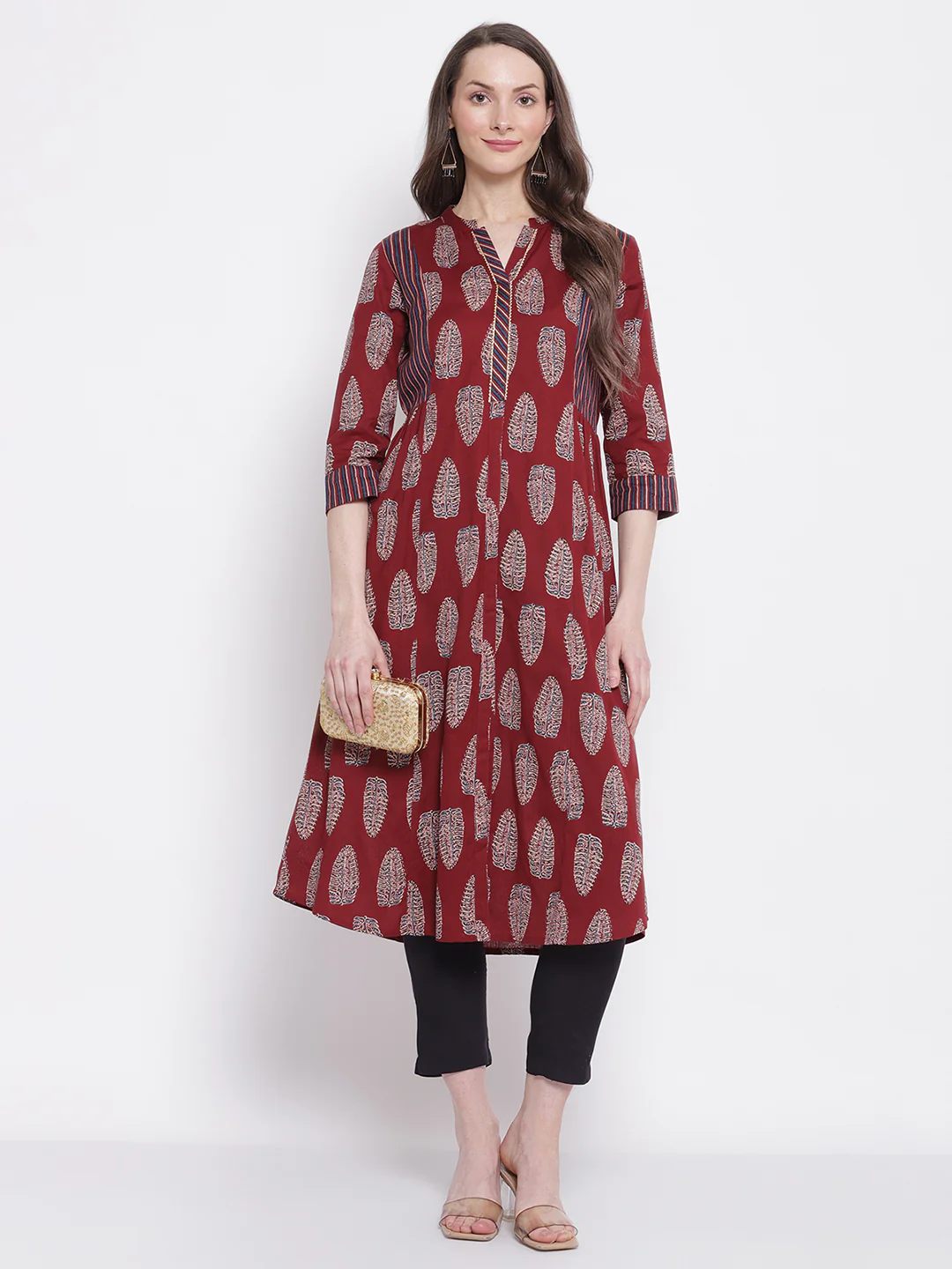 Women's Casual Band Collar Maroon All over Printed   Knee length Kurti - Image 5