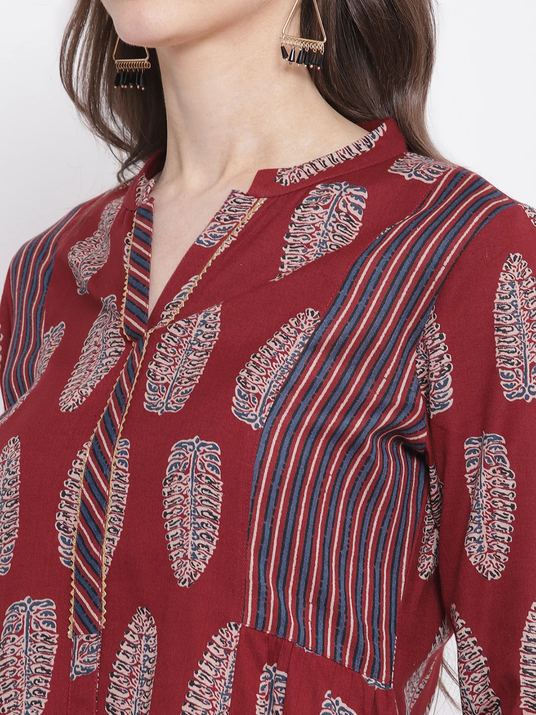 Women's Casual Band Collar Maroon All over Printed   Knee length Kurti - Image 6