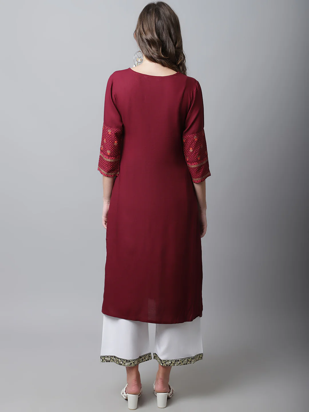 Women's Casual Round neck Maroon Printed Calf length Kurti - Image 2