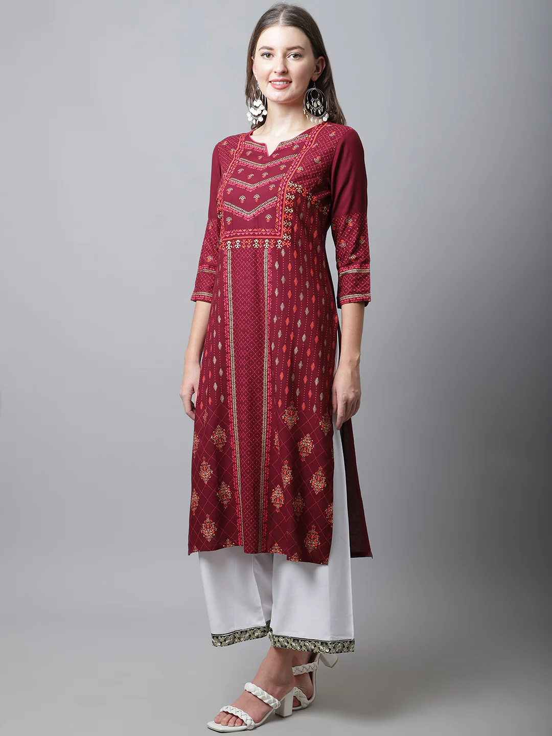 Women's Casual Round neck Maroon Printed Calf length Kurti - Image 3