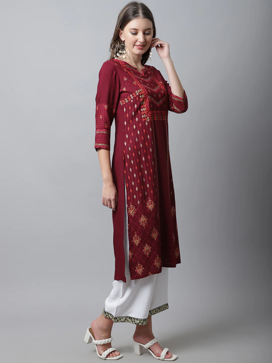 Women's Casual Round neck Maroon Printed Calf length Kurti - Image 4
