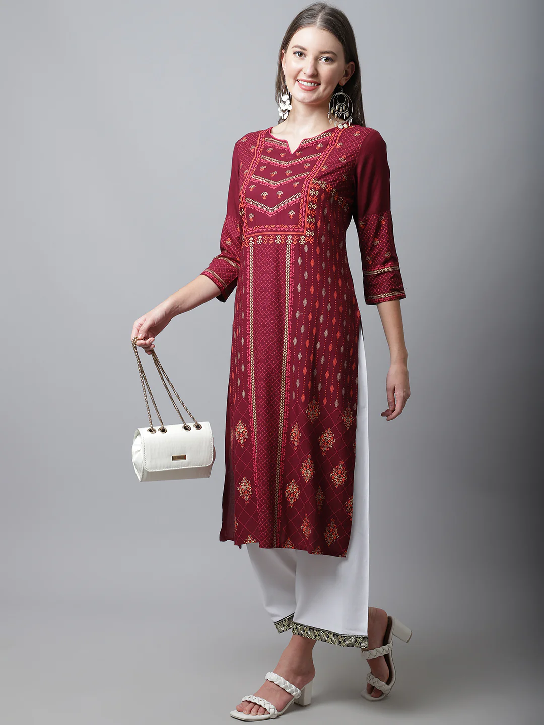 Women's Casual Round neck Maroon Printed Calf length Kurti - Image 5