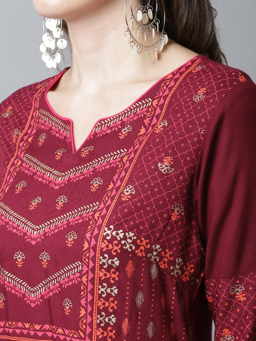 Women's Casual Round neck Maroon Printed Calf length Kurti - Image 6