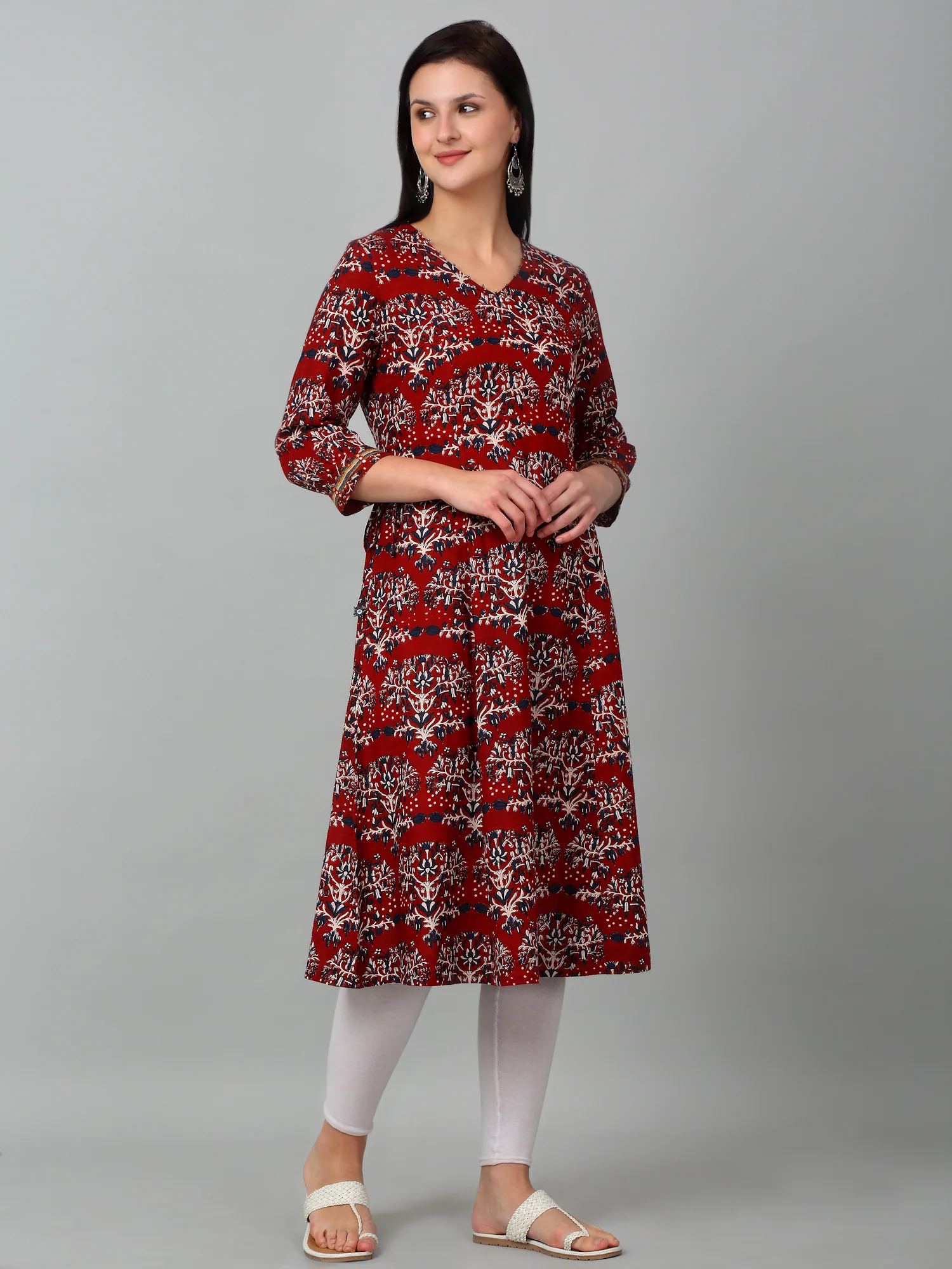 Women's Casual V Neck Maroon All Over Printed Knee Length Kurti - Image 3