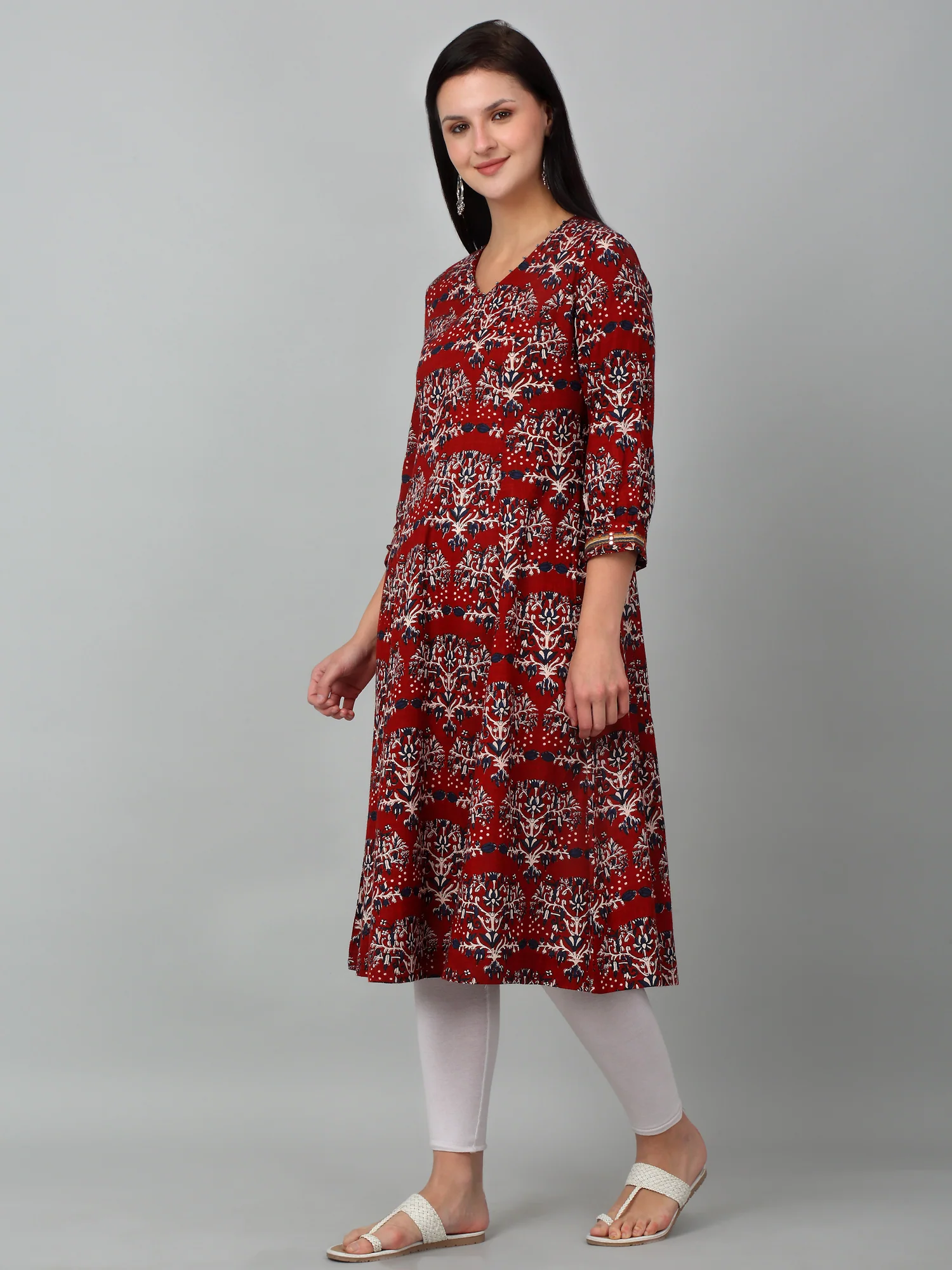 Women's Casual V Neck Maroon All Over Printed Knee Length Kurti - Image 4