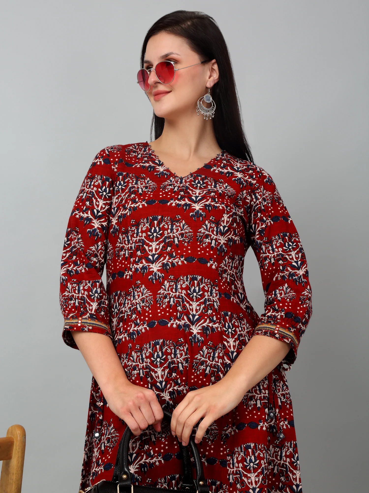 Women's Casual V Neck Maroon All Over Printed Knee Length Kurti - Image 6