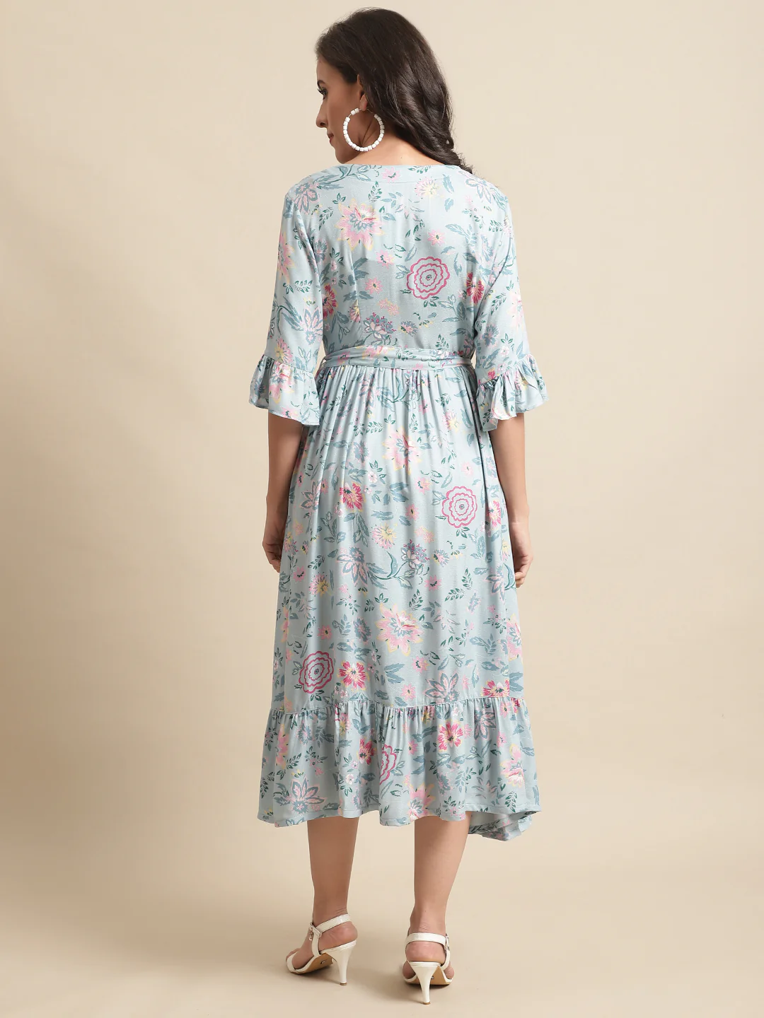 Women's Casual V neck Mint Floral Print Fit & Flared Dress - Image 2