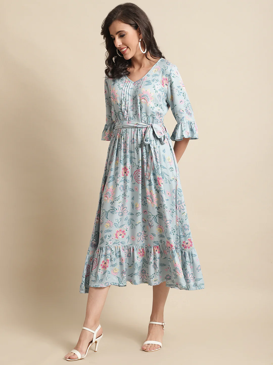 Women's Casual V neck Mint Floral Print Fit & Flared Dress - Image 3
