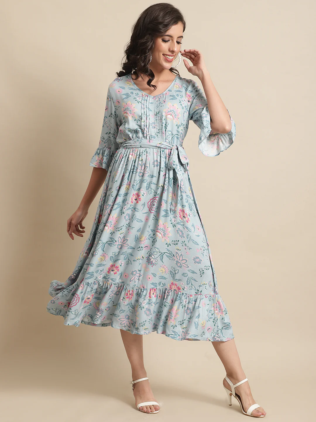 Women's Casual V neck Mint Floral Print Fit & Flared Dress - Image 4
