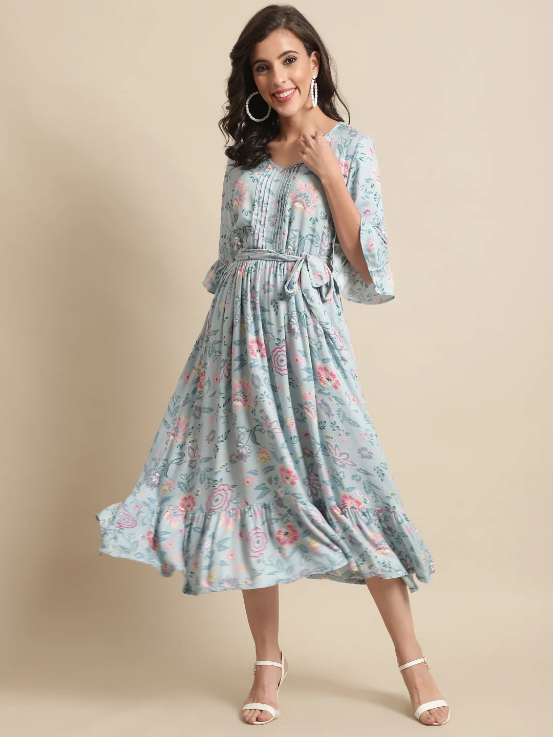 Women's Casual V neck Mint Floral Print Fit & Flared Dress - Image 5
