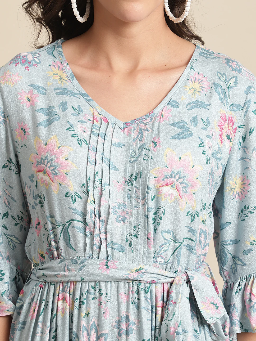 Women's Casual V neck Mint Floral Print Fit & Flared Dress - Image 6