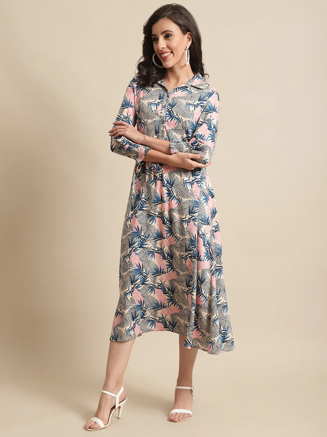 Women's Casual Shirt collar Multi Color Tropical Print Shirt Dress - Image 3
