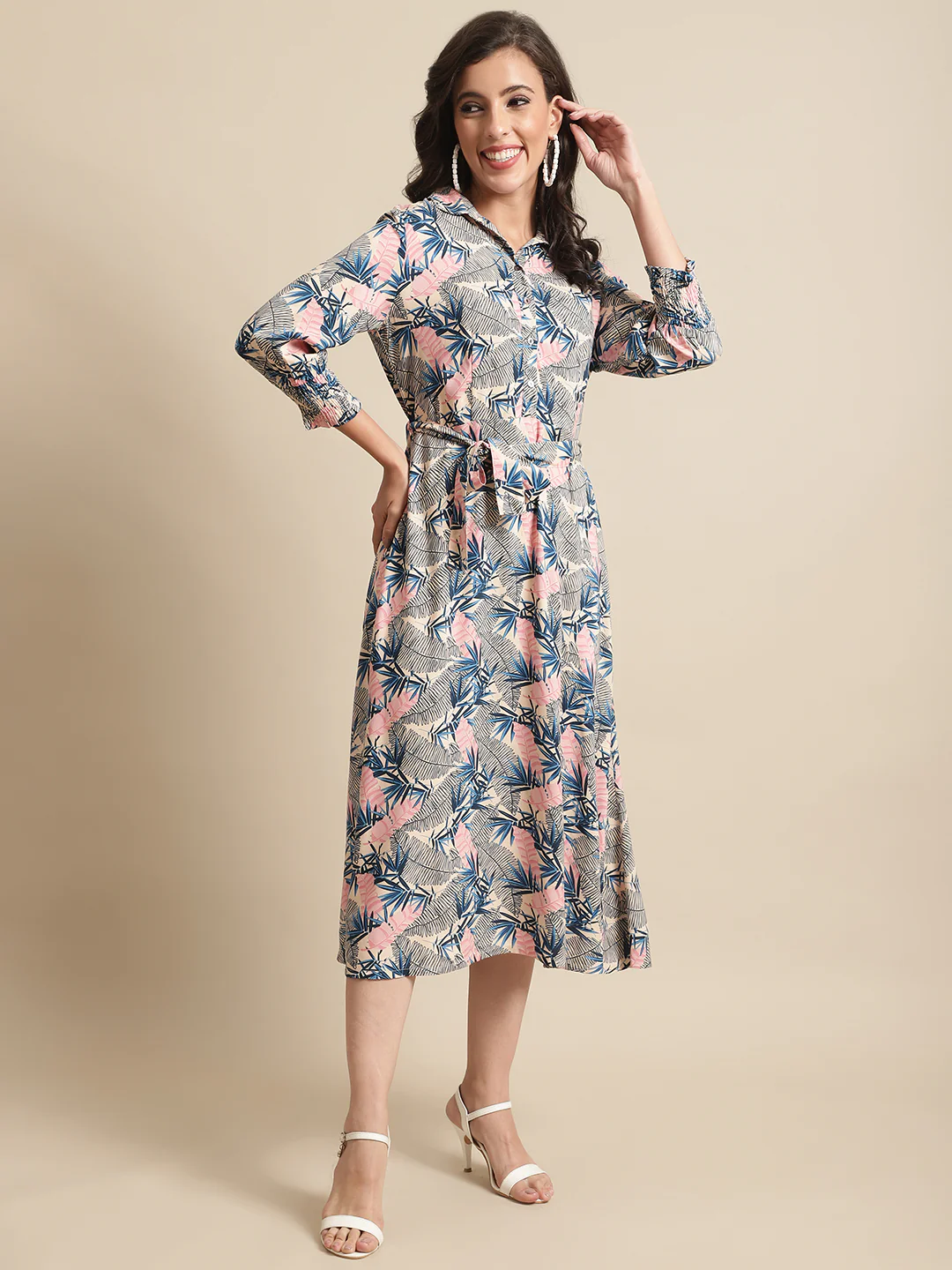 Women's Casual Shirt collar Multi Color Tropical Print Shirt Dress - Image 4