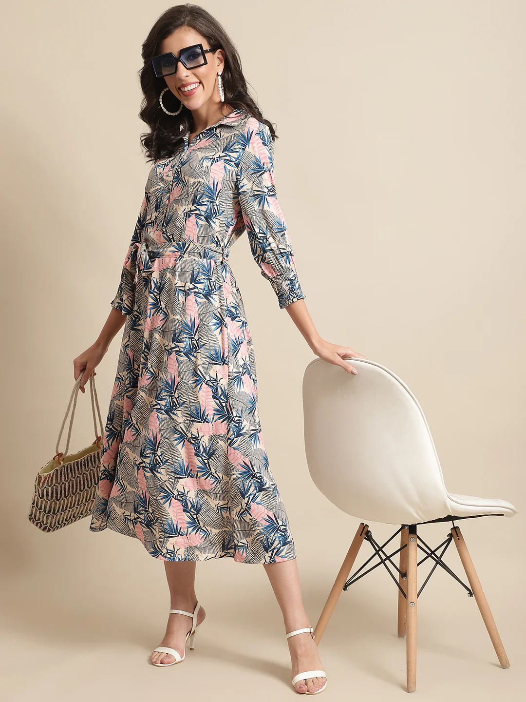 Women's Casual Shirt collar Multi Color Tropical Print Shirt Dress - Image 5