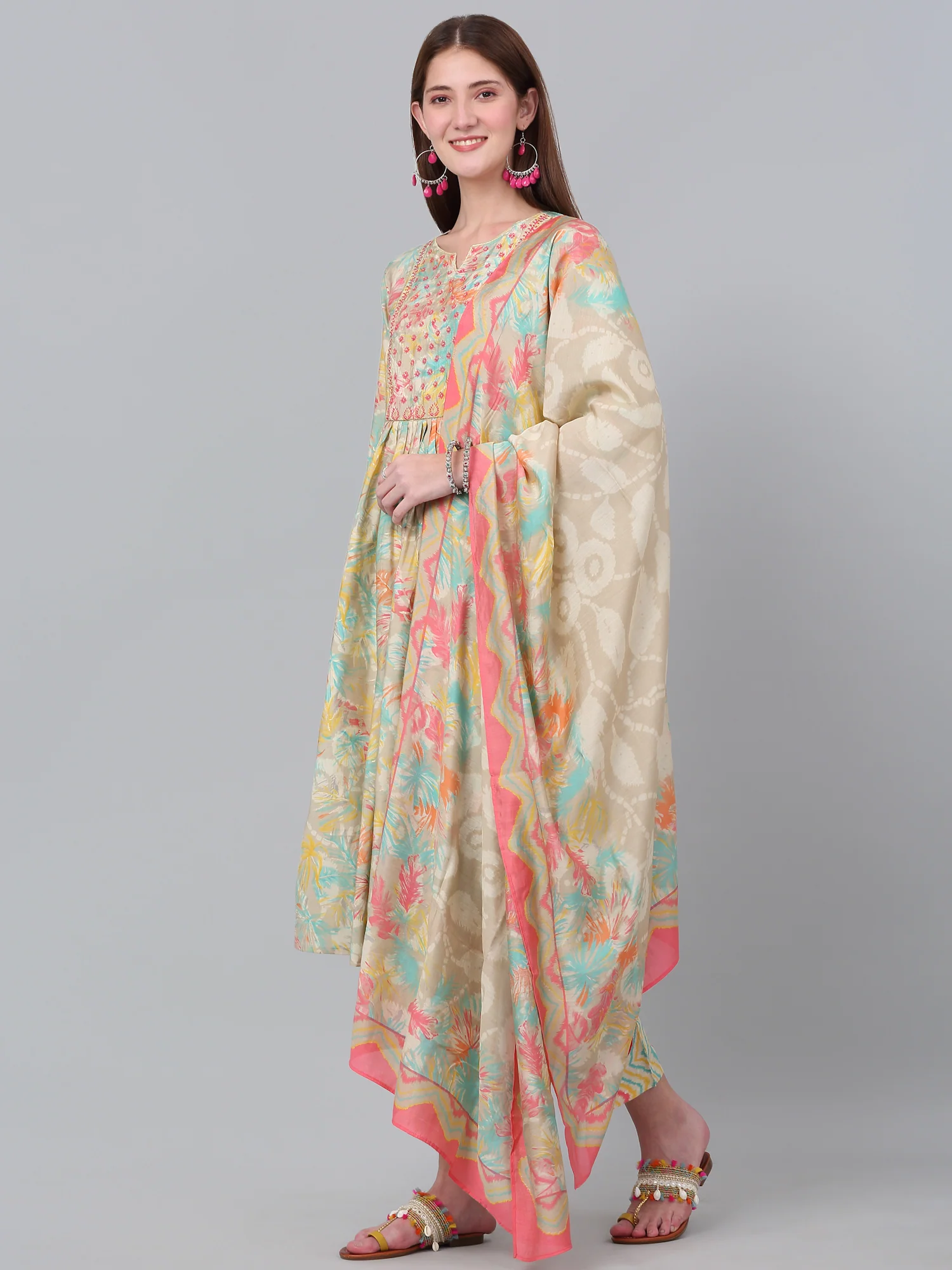 Women's Multi Floral Print Kurti Plazzo Dupatta Set - Image 3