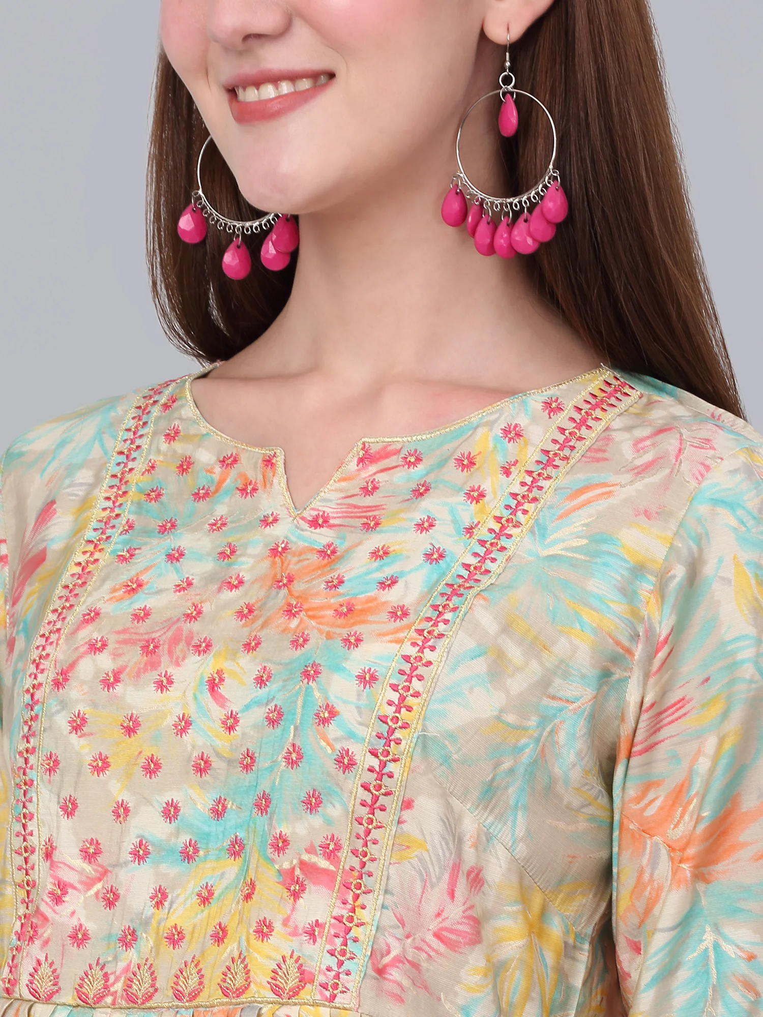 Women's Multi Floral Print Kurti Plazzo Dupatta Set - Image 5