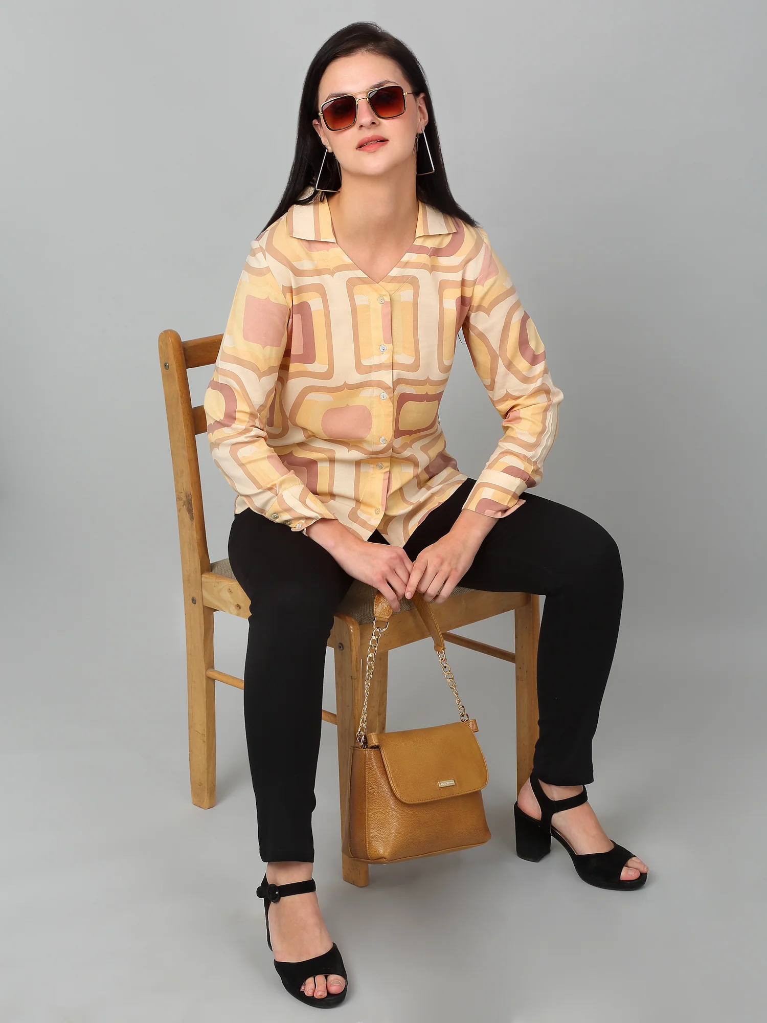 Women's Casual  Multi Color Geometric Print Spread Collar Top - Image 6