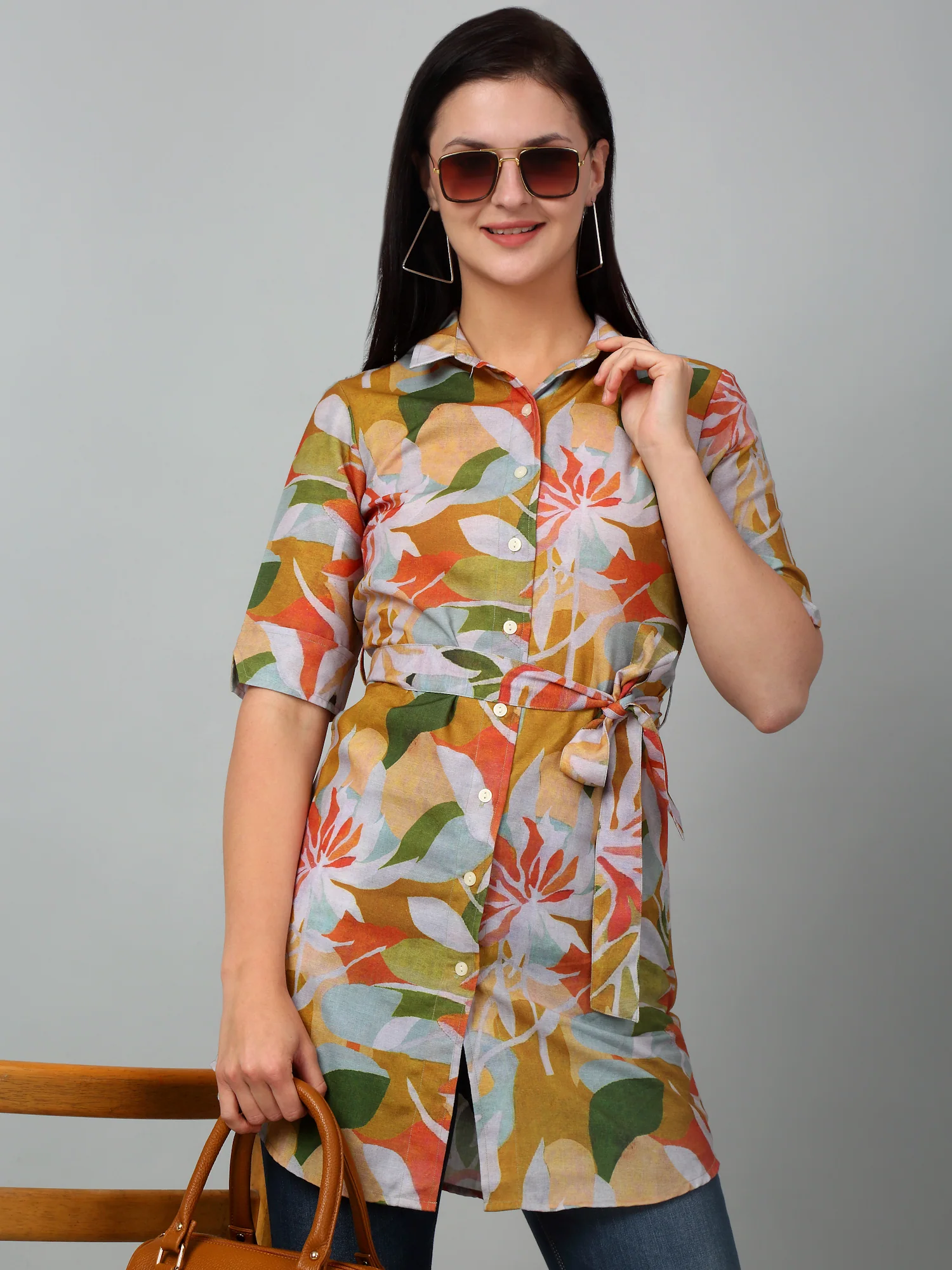 Women's Casual  Multi Color Floral Print Spread Collar Top - Image 6