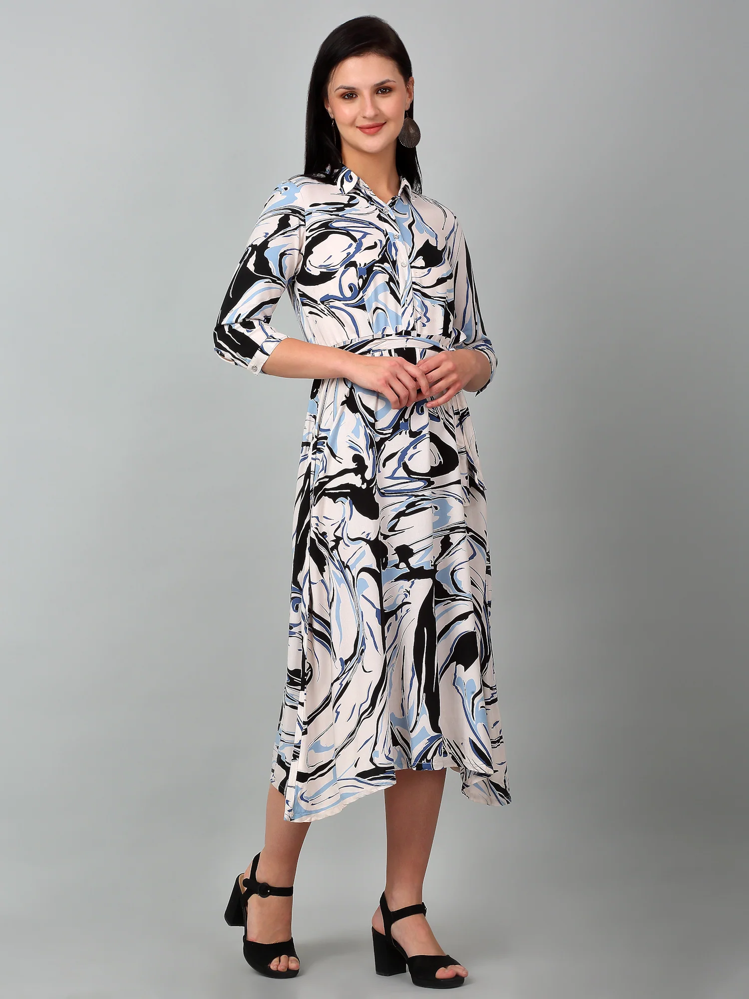 Women's Casual Shirt Collar Multi Color Abstract Print Fit & Flared Dress - Image 3