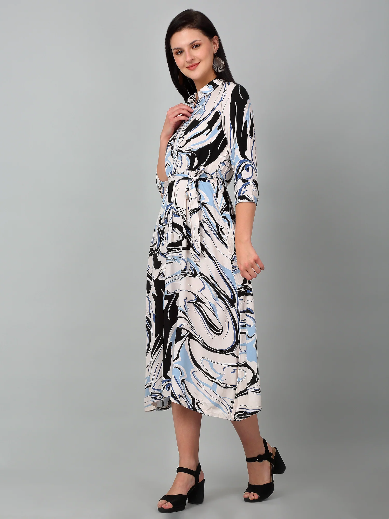 Women's Casual Shirt Collar Multi Color Abstract Print Fit & Flared Dress - Image 4