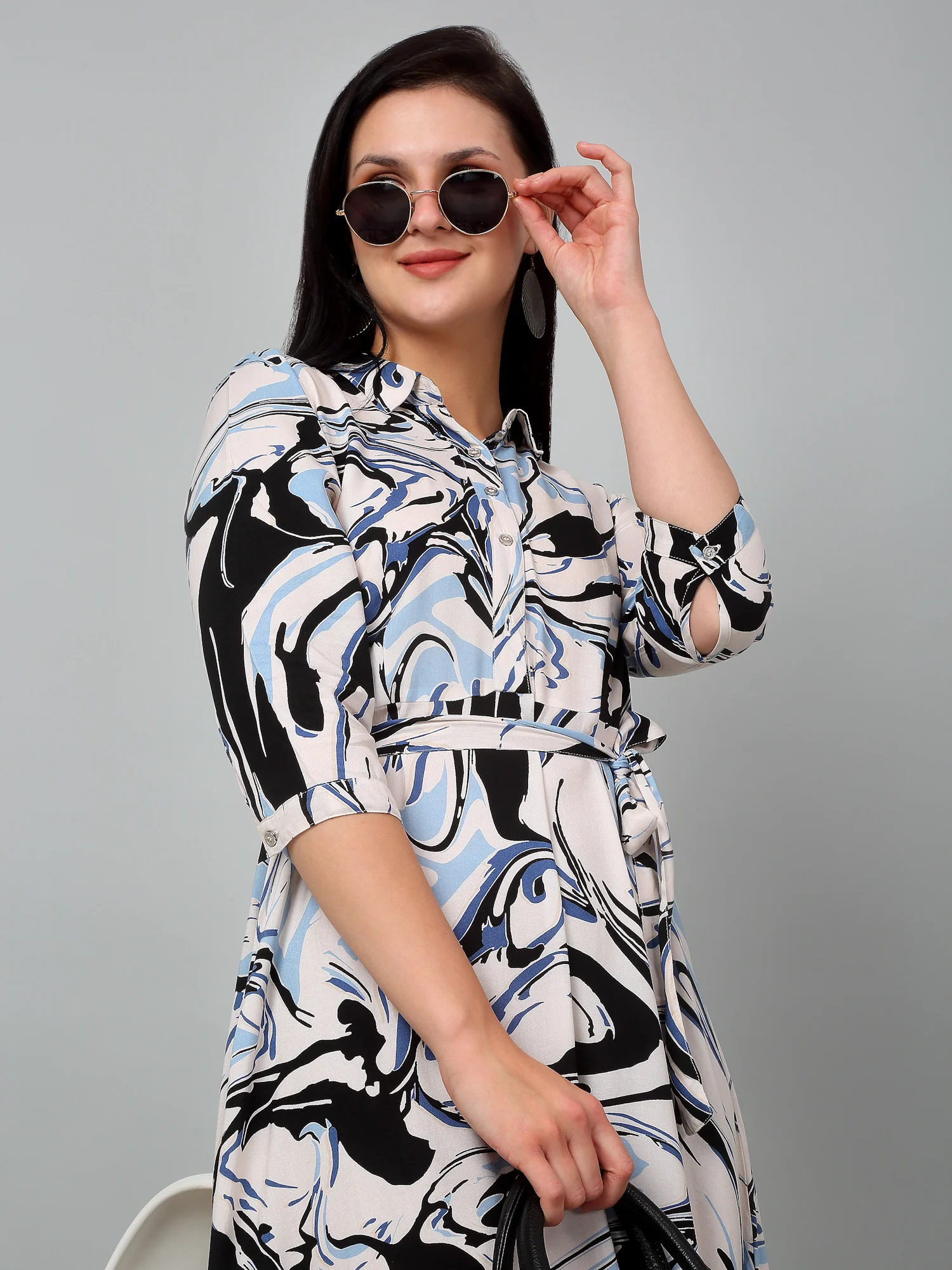 Women's Casual Shirt Collar Multi Color Abstract Print Fit & Flared Dress - Image 6