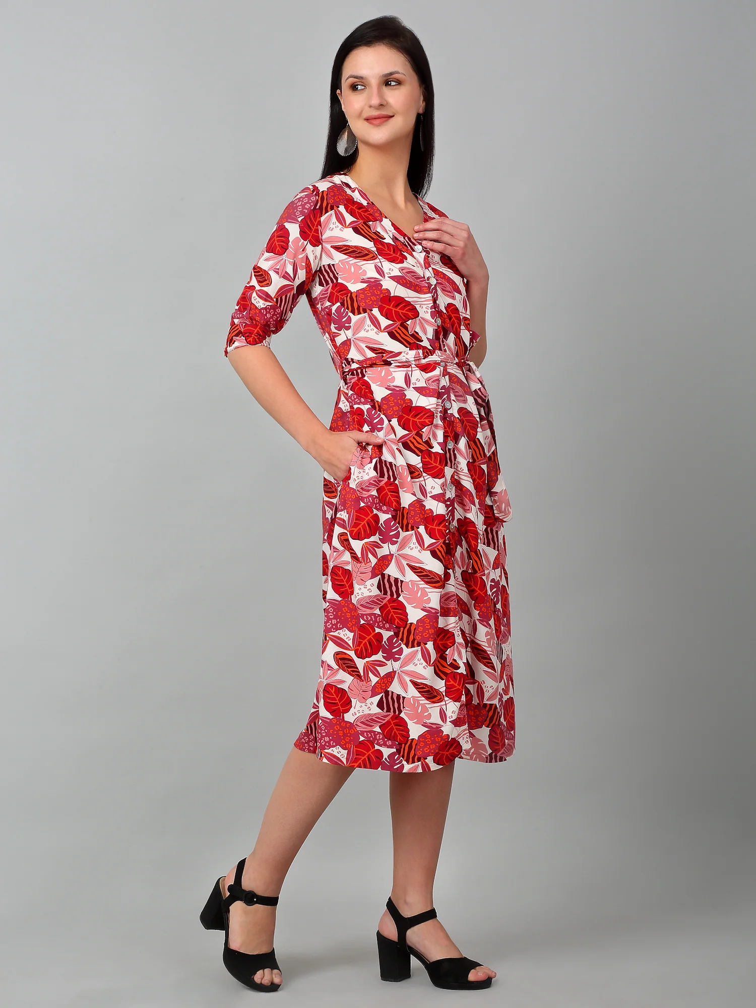 Women's Casual V neck Multi Color Floral Print Fit & Flared Dress - Image 3