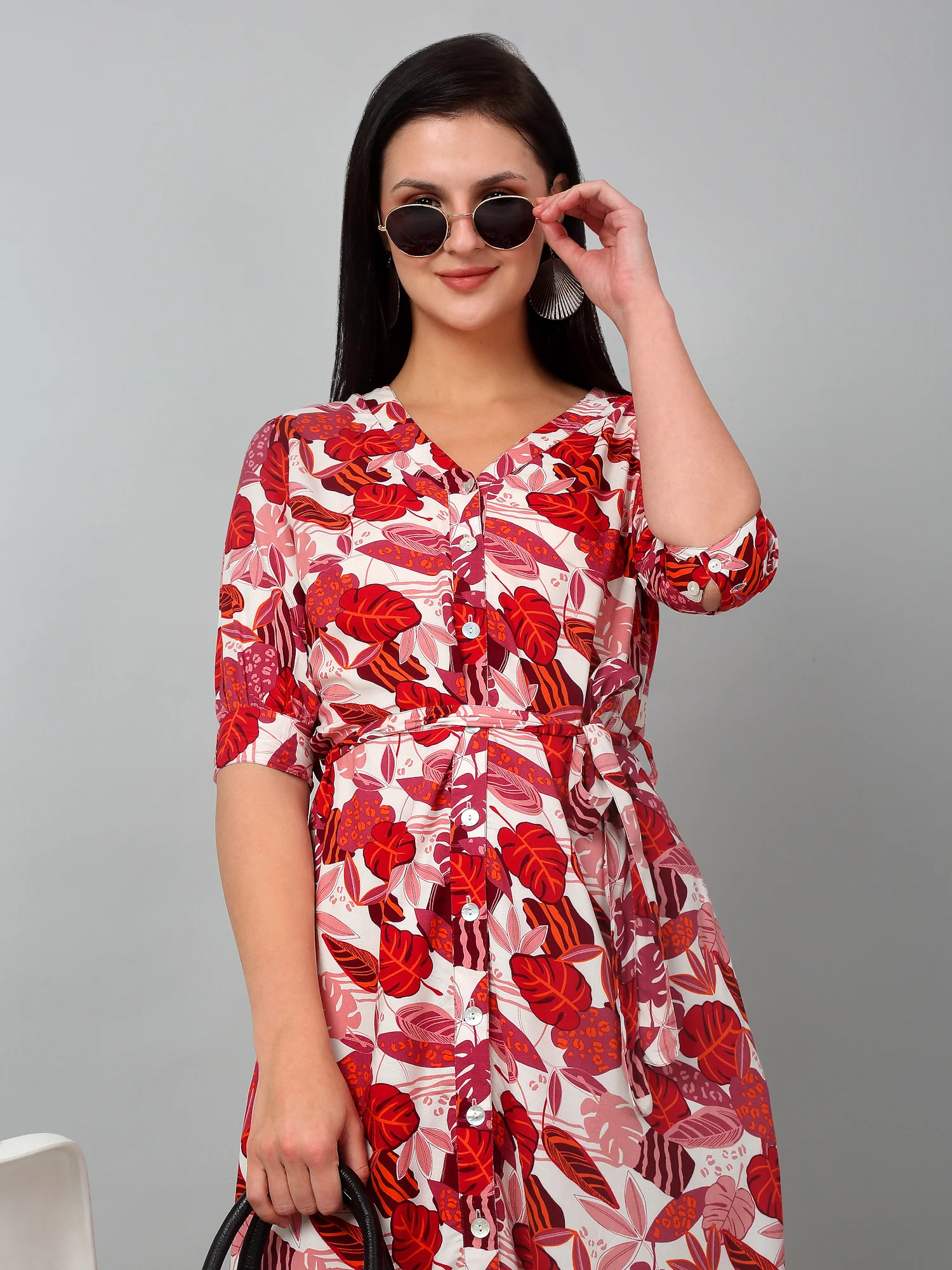 Women's Casual V neck Multi Color Floral Print Fit & Flared Dress - Image 6