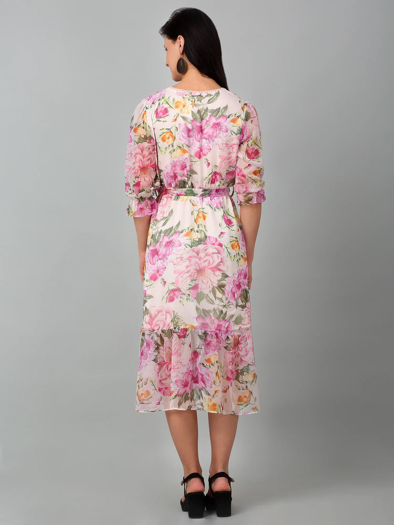 Women's Casual V neck Multi Color Floral Print Fit & Flared Dress - Image 2