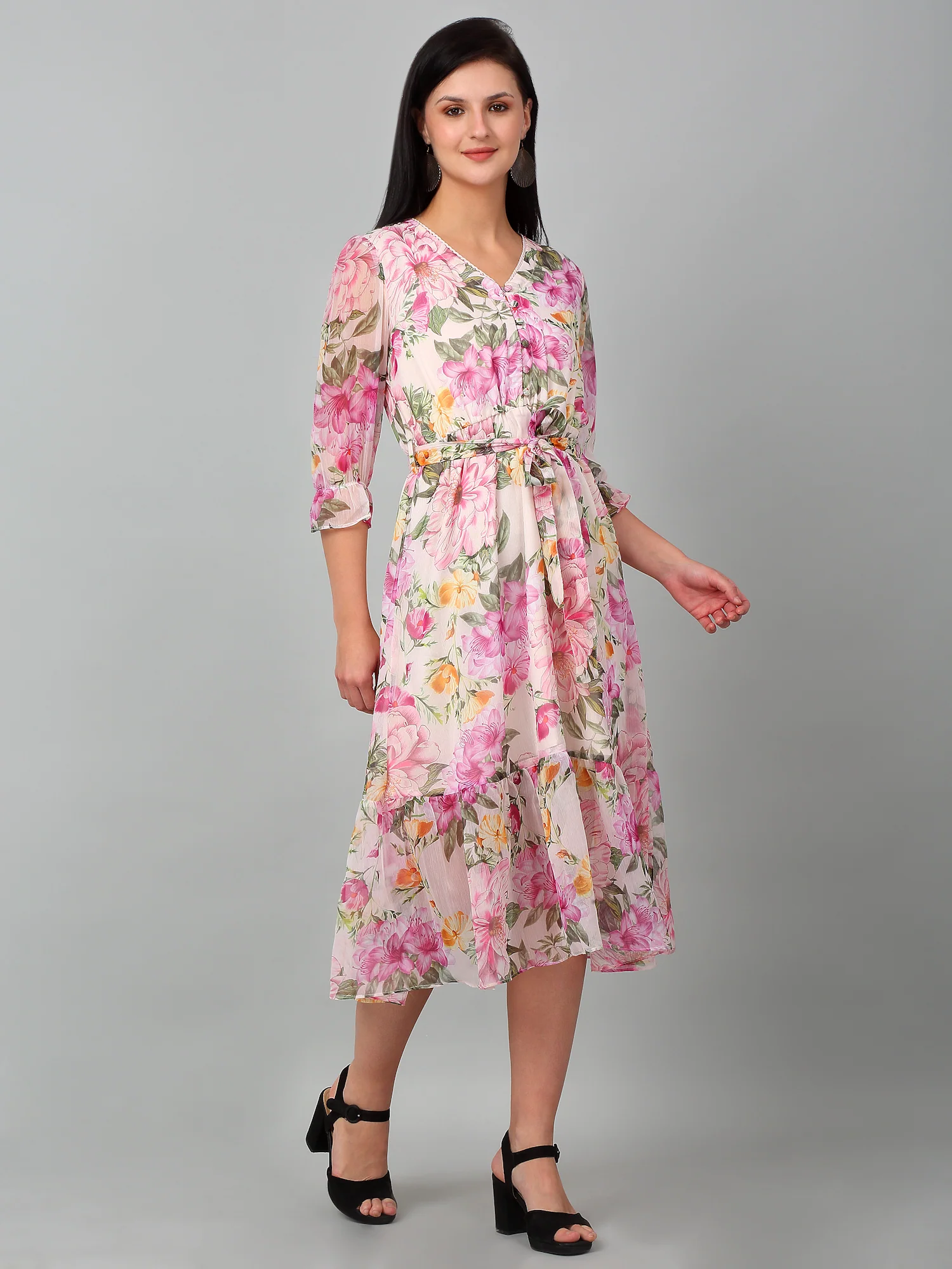 Women's Casual V neck Multi Color Floral Print Fit & Flared Dress - Image 3
