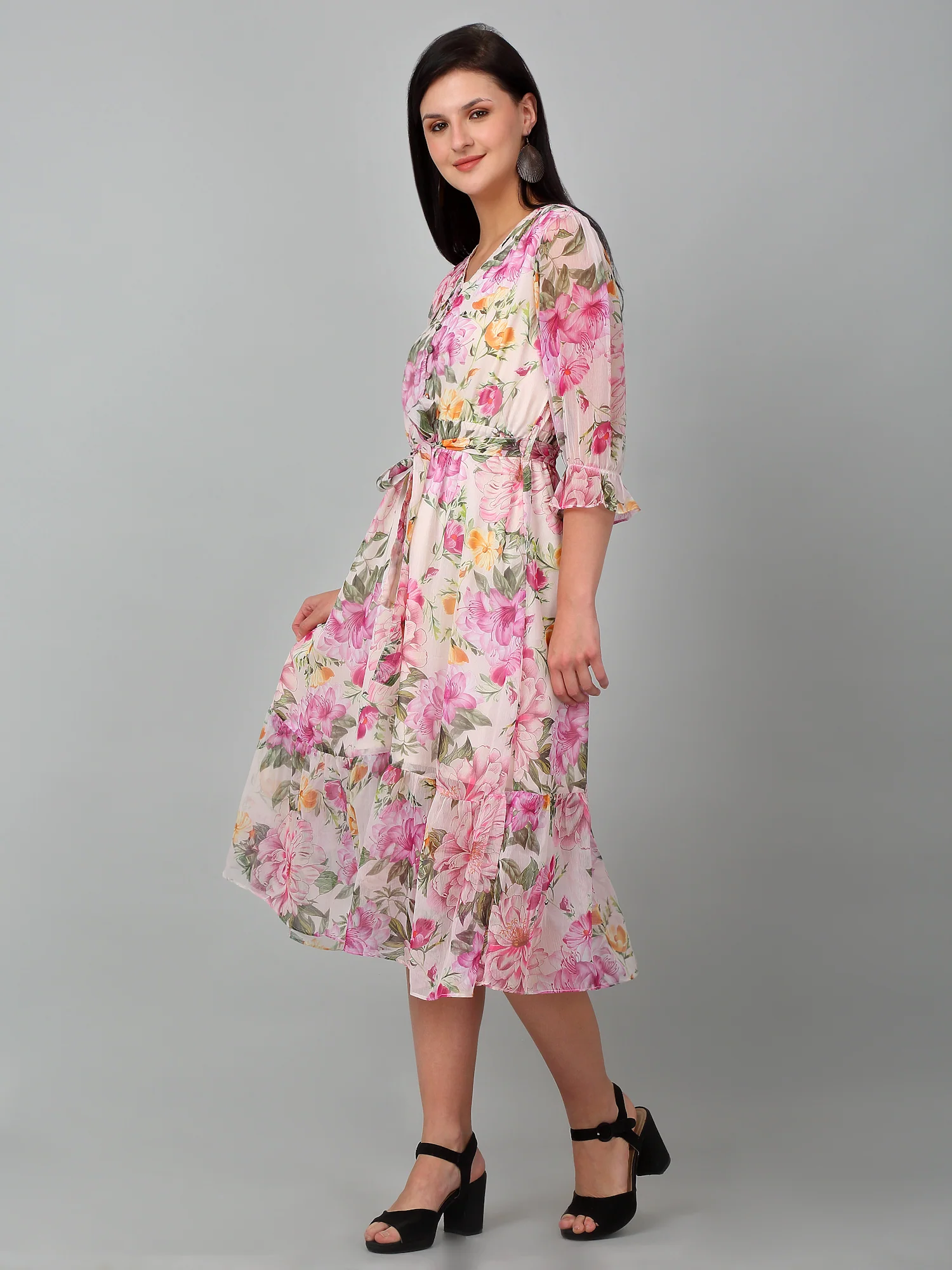 Women's Casual V neck Multi Color Floral Print Fit & Flared Dress - Image 4