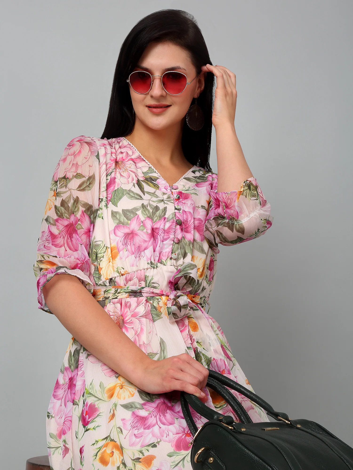 Women's Casual V neck Multi Color Floral Print Fit & Flared Dress - Image 6
