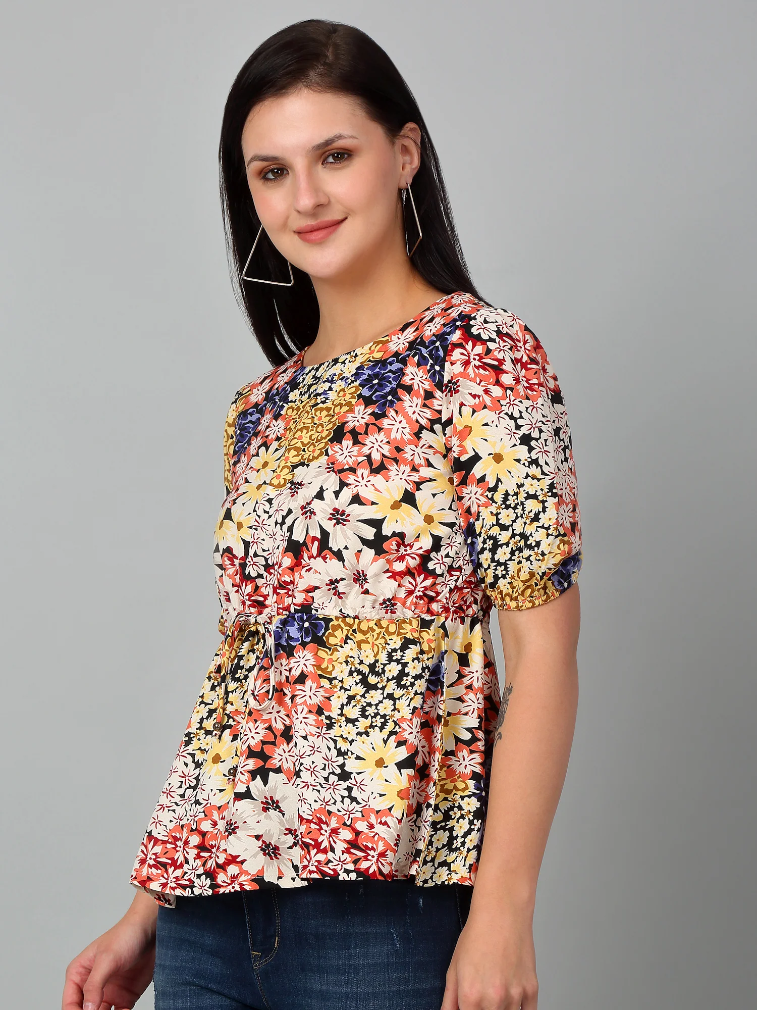 Women's Casual  Multi Color Floral Print Round neck Top - Image 4
