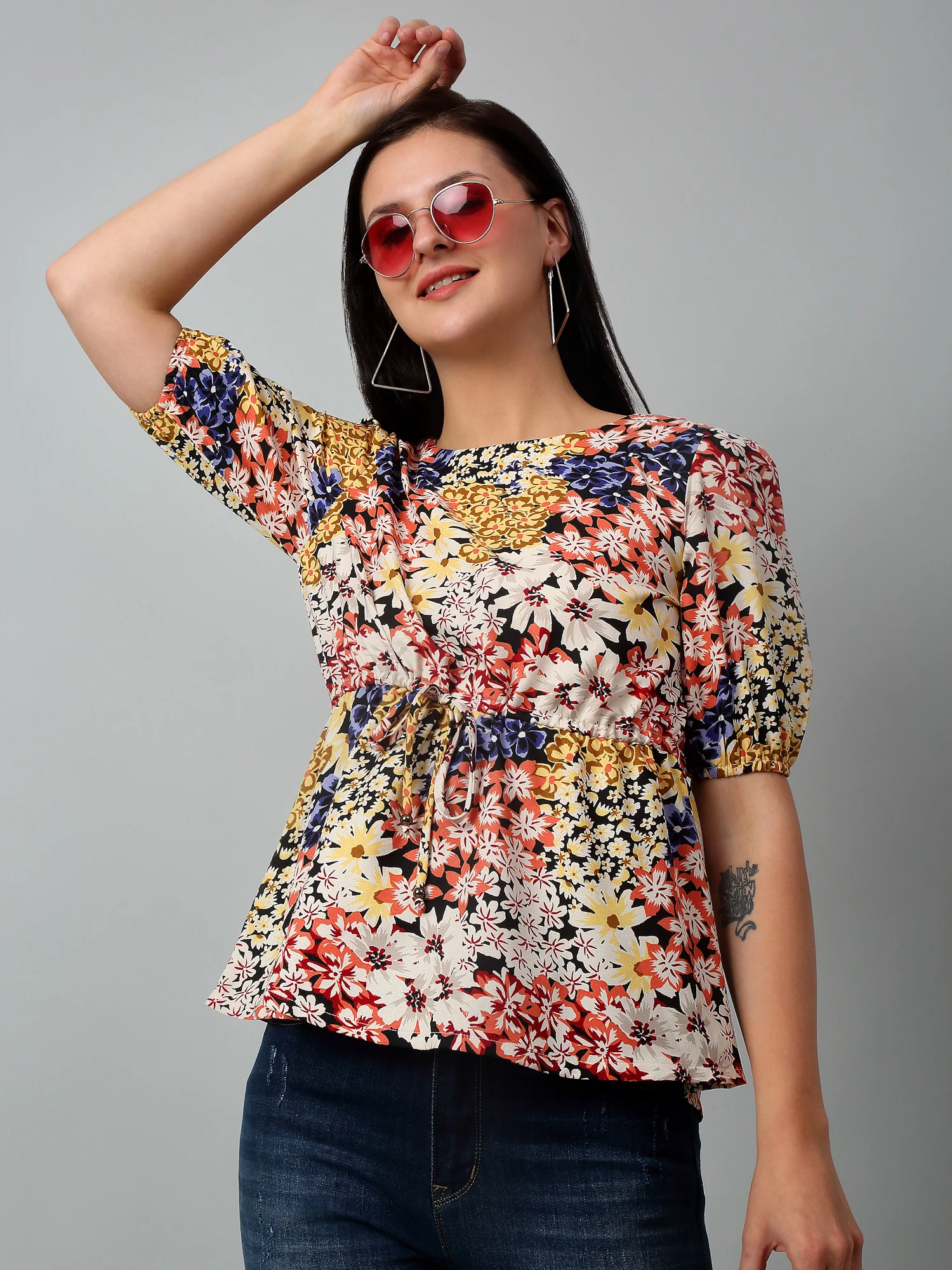 Women's Casual  Multi Color Floral Print Round neck Top - Image 5