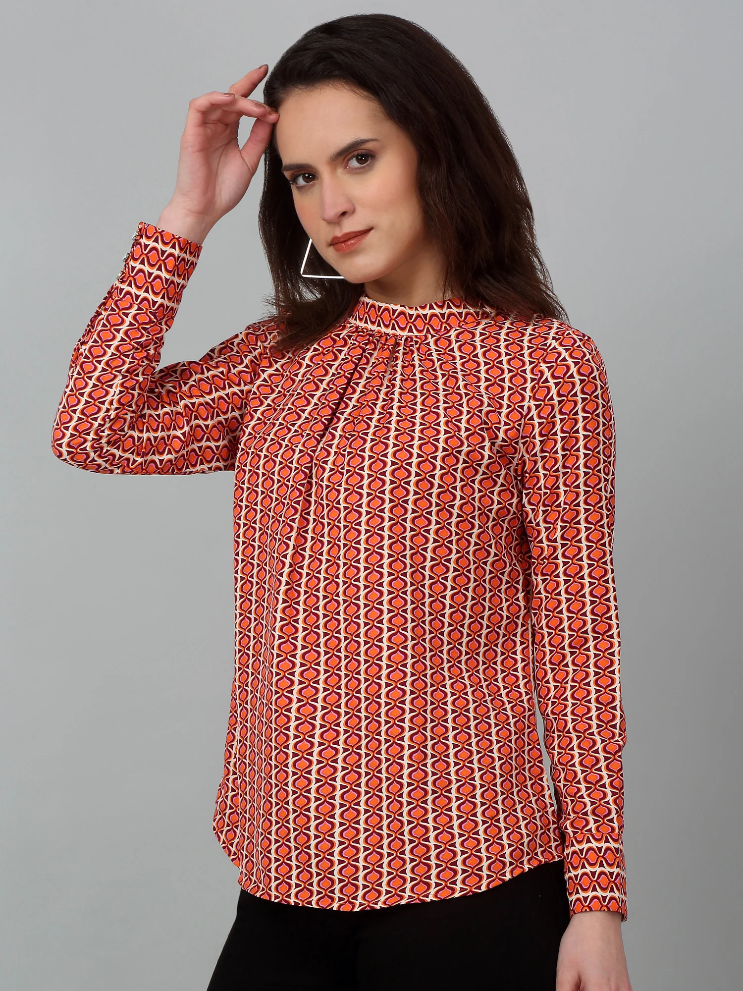 Women's Casual  Multi Color Geometric Print Band Collar Tunic - Image 2
